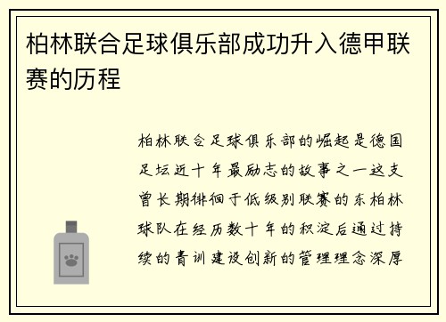 柏林联合足球俱乐部成功升入德甲联赛的历程